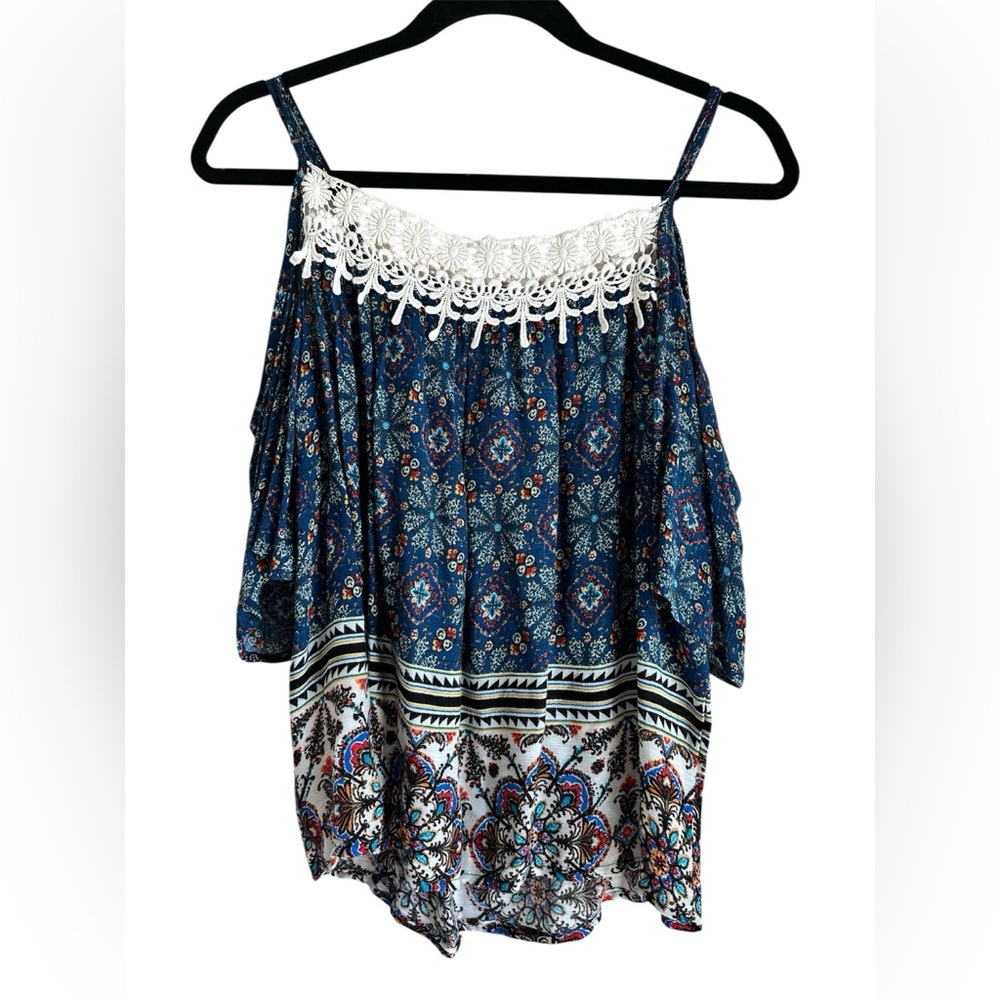 Meraki Navy and White Patterned Cold Shoulder Crochet Top Camisole